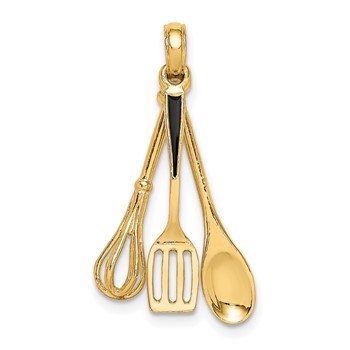 "14K 3-D Black Enamel Spatula, Wooden Spoon, Whisk Moveable Charm"