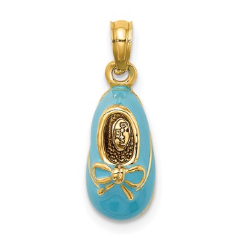 14k Blue Enameled 3-D Baby Shoe with Bow Pendant