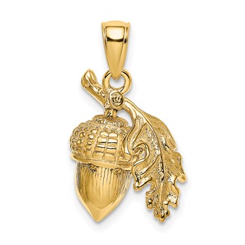 14K 3-D Acorn with Leaf Pendant