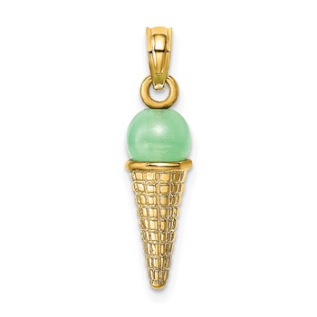 14K Satin Polished 3-D Green Bead Ice Cream Cone Pendant