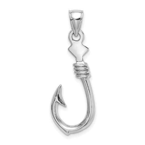 14K White Gold 3-D Large Fish Hook with Rope Charm - Quality Gold