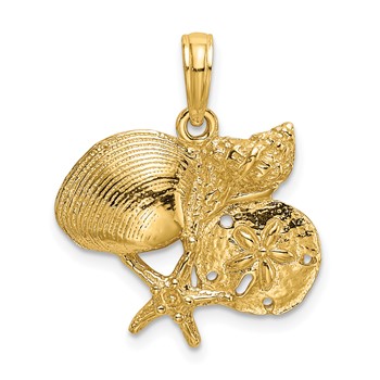 14K Polished Shell, Starfish and Sand Dollar Cluster Charm