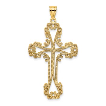 14K Beaded Cut-Out Cross w/ Swirled Design Charm