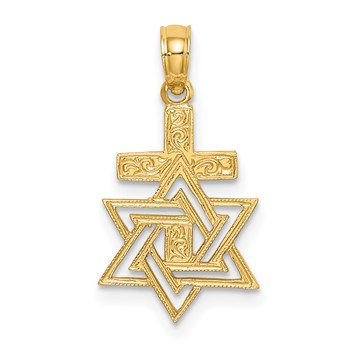 14K Polished and Textured Star Of David and Cross Charm