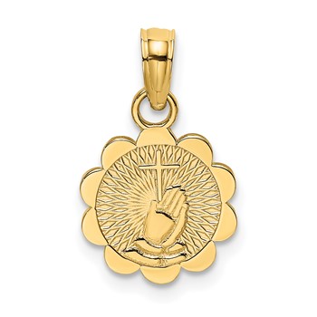14K Praying Hands and Cross On Scalloped Round Disc Charm