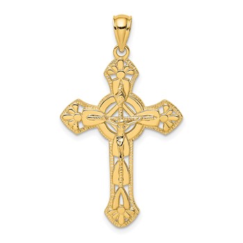 14K Textured Crucifix with Floral Tips Charm
