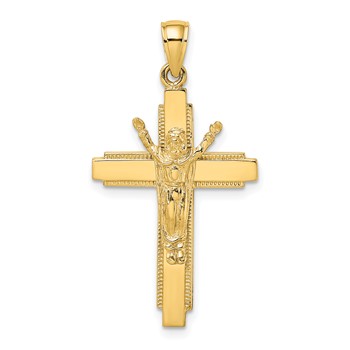 14K Polished w/ Beaded Edge Crucifix Charm