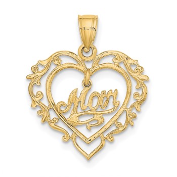 14K Polished MOM Dangle in Fancy Heart Pendant