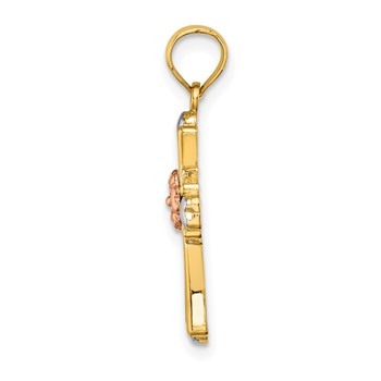 14K Two-tone and White Rhodium Cross with Flower and Hearts Charm — alternate view