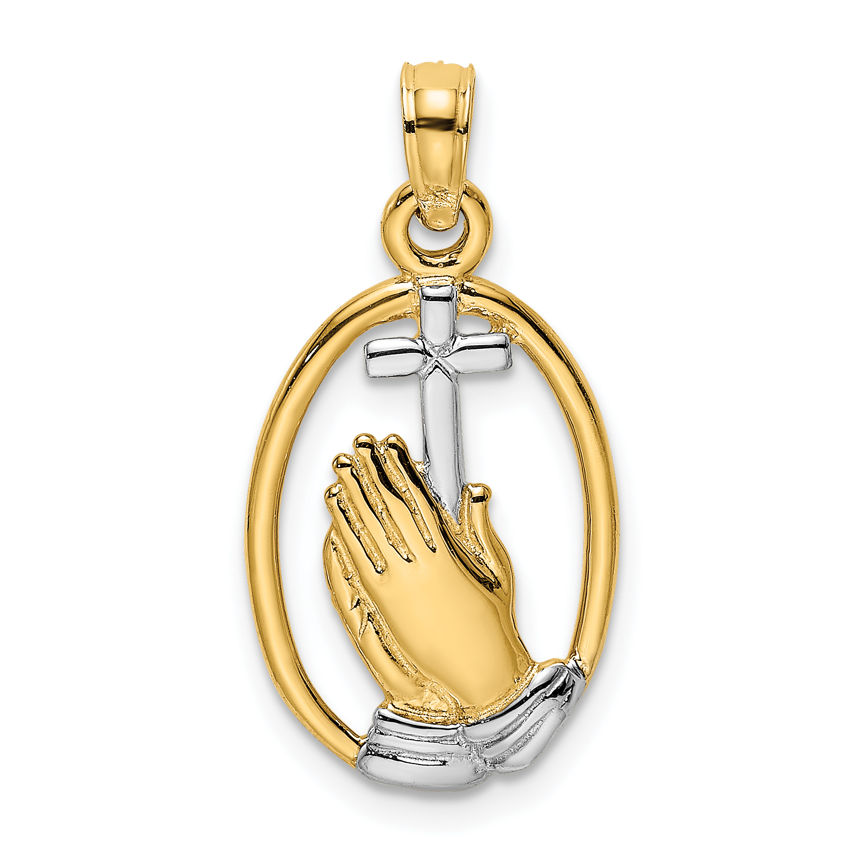 14K Praying Hands and Cross In Oval Charm - Quality Gold