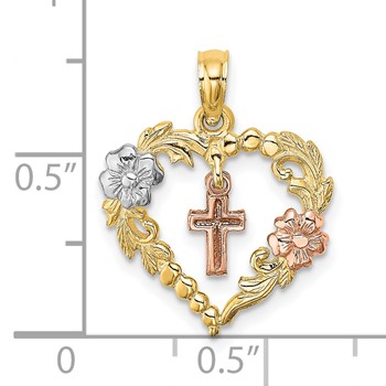 14K Two-tone with White Rhodium Heart with Cross and Flowers Charm — alternate view