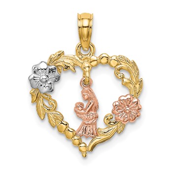 14k Two-tone with White Rhodium Mother and Baby with Flowers In Heart Charm