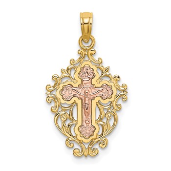 14k Two Tone with Lace Trim Crucifix Charm