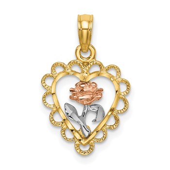 14k Two-tone with White Rhodium Heart with Rose and Lace Border Charm