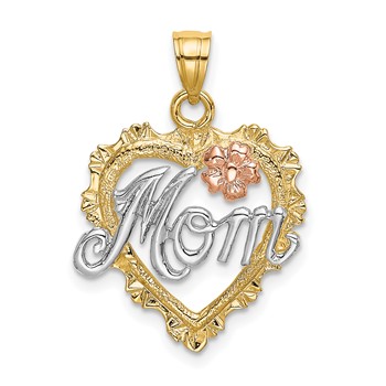 14k Two-tone with White Rhodium MOM in Heart with Flower Charm