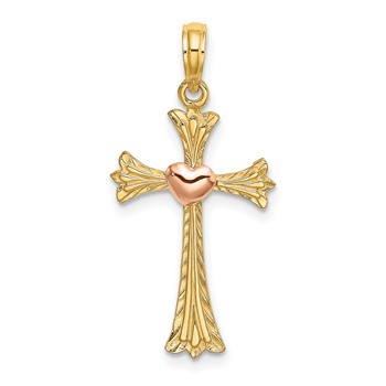 14k Two-Tone Textured Cross with Heart Charm