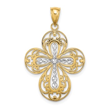14K W/ Rhodium D/C and Cut Out Filigree Cross Charm