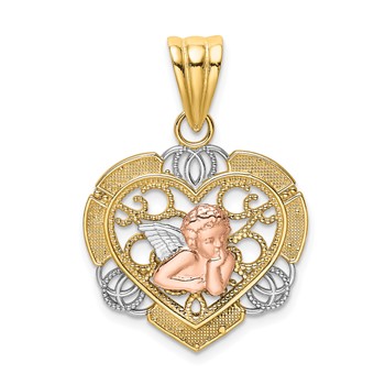 14K Two-tone with White Rhodium Angel In Heart Charm