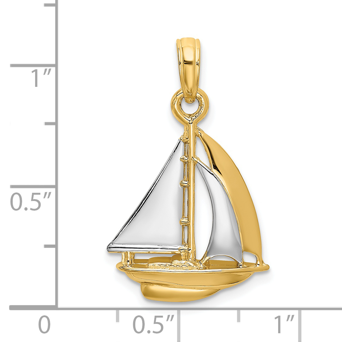 White Rhodium 3-D Sailboat Pendant Charm Real 14k Yellow Gold 23.75x15.4mm 3D product image view 3