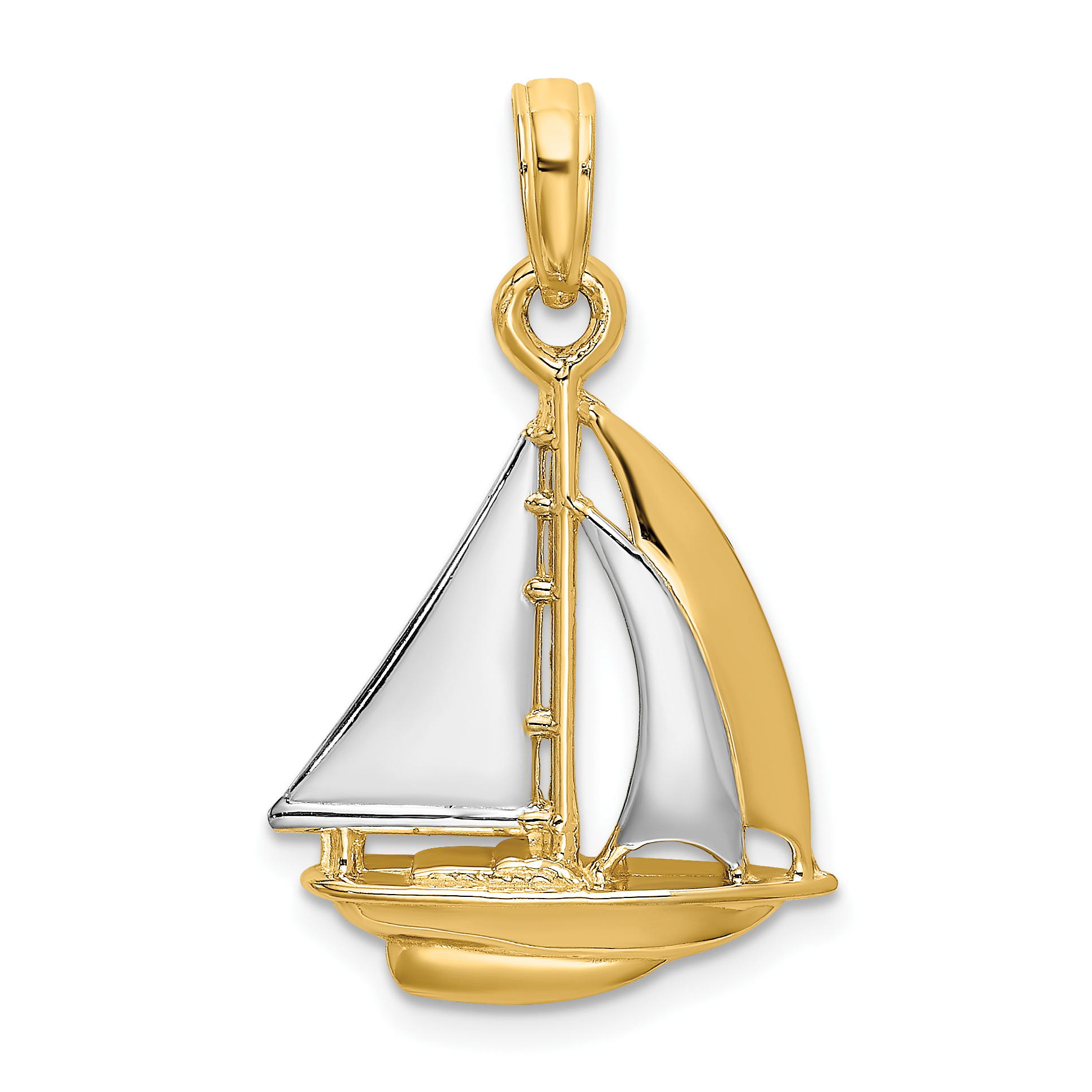 White Rhodium 3-D Sailboat Pendant Charm Real 14k Yellow Gold 23.75x15.4mm 3D main product image