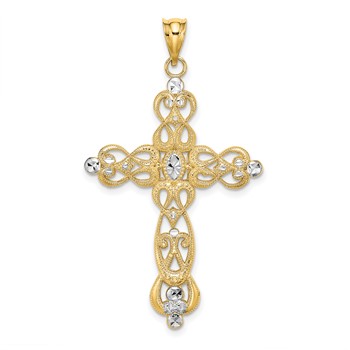 14K W/ Rhodium Scroll Design and D/C Cross Charm