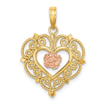 14k Yellow and Rose Flower in Heart Charm