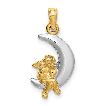 14K and White Rhodium 3-D Angel on Moon Charm