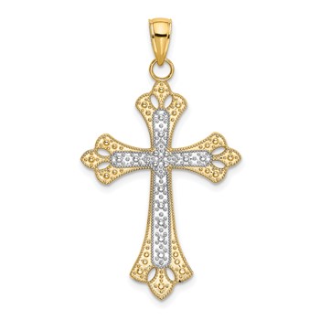 14K with White Rhodium Scalloped Edges Cross Charm
