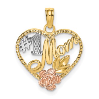 14k Two-tone with White Rhodium Textured #1 Mom Heart Charm