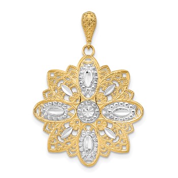14K and White Rhodium Diamond-cut and Filigree Flower Charm