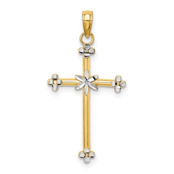 14k and White Rhodium Thin Diamond-cut Cross Charm