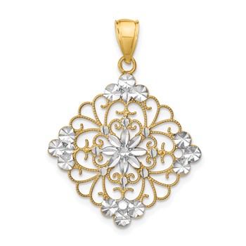 14K and White Rhodium Diamond-cut Filigree Medallion Charm