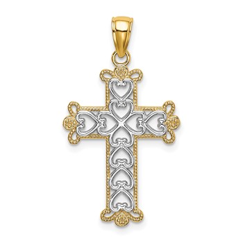 14K w/Rhodium Polished and Textured Beaded Cross Charm