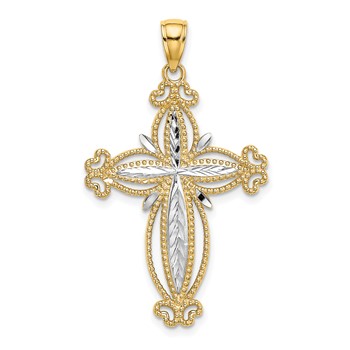 14K W/ Rhodium D/C Puffed Cross Charm