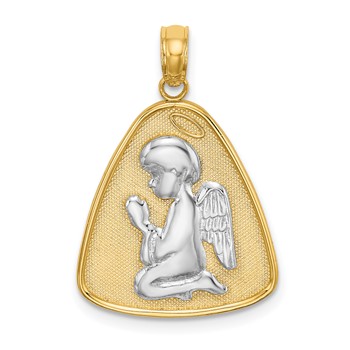 14K and White Rhodium Angel Praying with Halo On Triangle Disc Pendant
