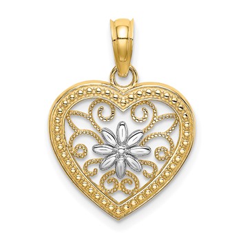 14k and White Rhodium Textured Flower Filigree Heart Charm