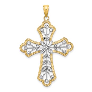 14K W/ Rhodium and D/C Leaves And Beaded Cross Charm