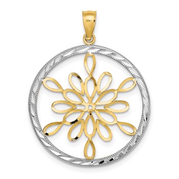 14K and White Rhodium Diamond-cut Circle Snowflake Charm