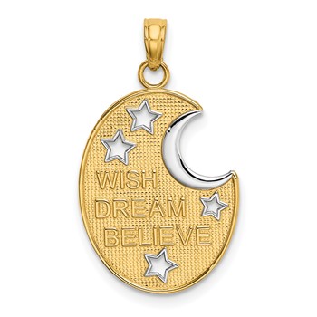 14k and White Rhodium WISH DREAM BELIEVE Moon and Stars Charm