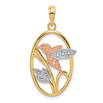 14k Two-tone with White Rhodium Hummingbird and Flowers In Oval Frame Charm