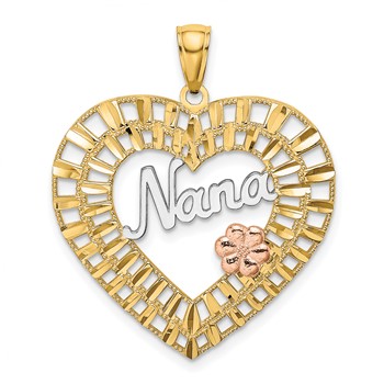 14k Two-tone with White Rhodium NANA Heart with Flowers Charm