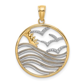 14k and White Rhodium Sunset and Seagulls In Circle Pendant