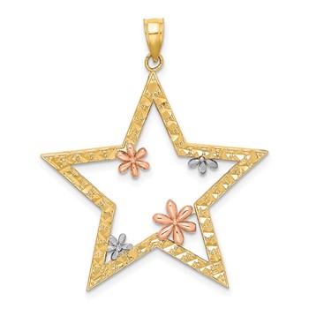 14k Two-tone with White Rhodium Star with Flowers Pendant