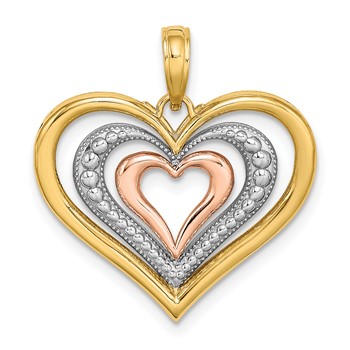 14k Two-tone with White Rhodium Textured and Polished Triple Hearts Charm