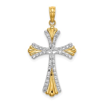 14K and White Rhodium and Diamond-cut Reversible Cross Charm