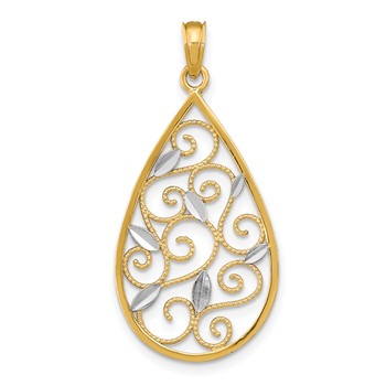 14k and White Rhodium Beaded Filigree Diamond-cut Teardrop Charm