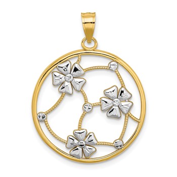 14k w/ White Rhodium Flowers In Beaded Round Frame Charm