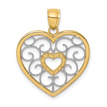 14k and White Rhodium Filigree Heart Charm