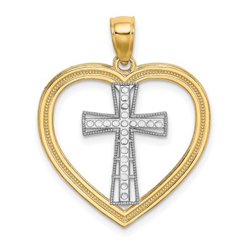 14K and White Rhodium Heart with White Cross In Center Charm