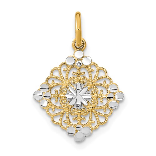 14K w/Rhodium and D/C Filigree Medallion Charm